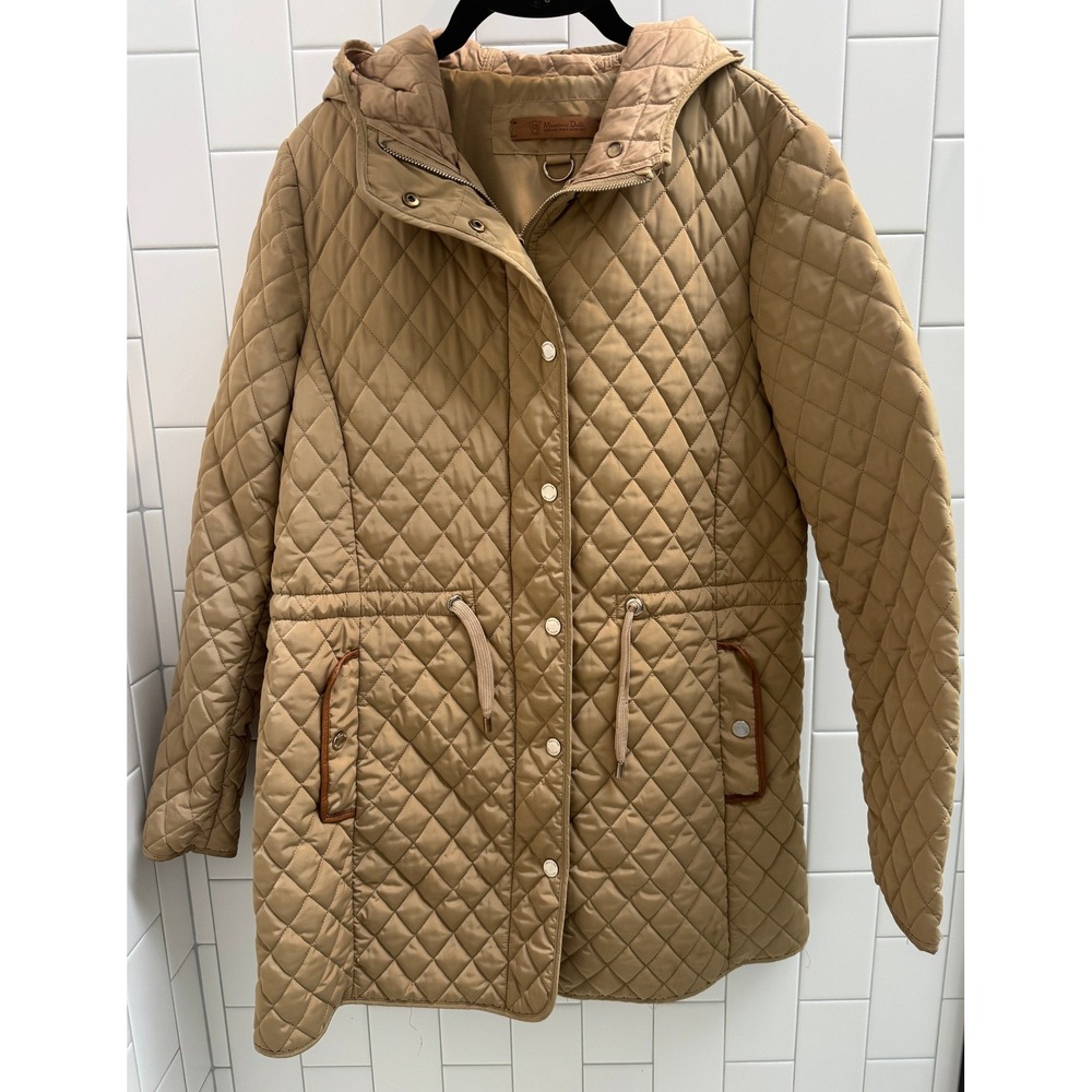 Massimo Dutti Tan Quilted Hooded Barn Jacket Drawstring Waist Beige Coat Womens